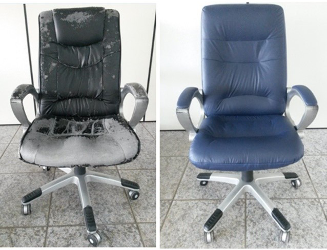 Antes e depois de uma cadeira de escritório reformada pela Dec Móveis (Foto: Dec Móveis)